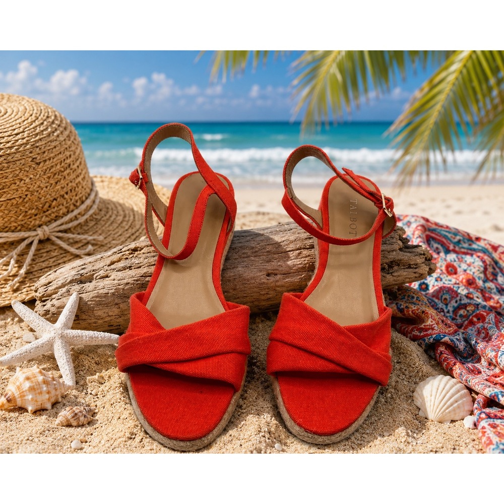 Talbots Women's Red Orange Canvas Espadrille Wedge Sandals Ankle Strap Size 10